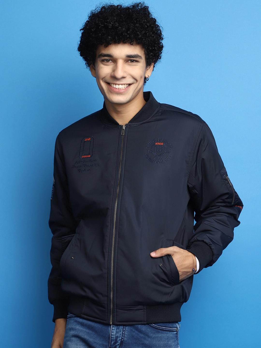 

V-Mart Mock Collar Lightweight Bomber Jacket, Blue