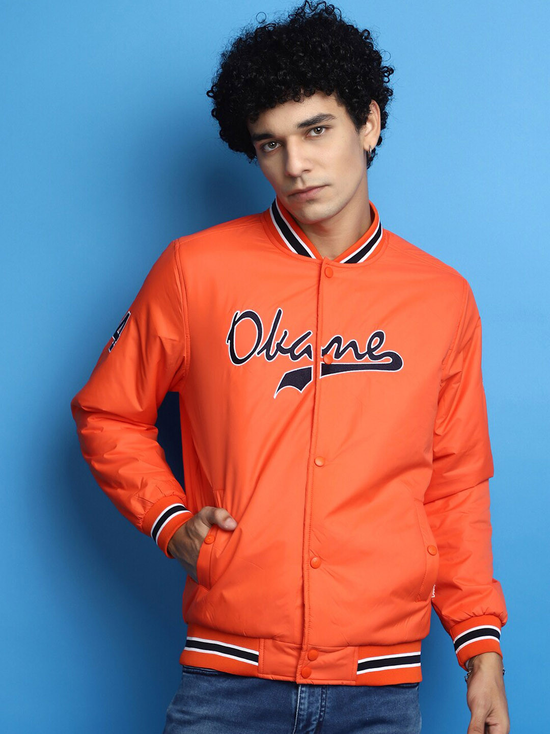 

V-Mart Typography Printed Lightweight Cotton Varsity Jacket, Orange