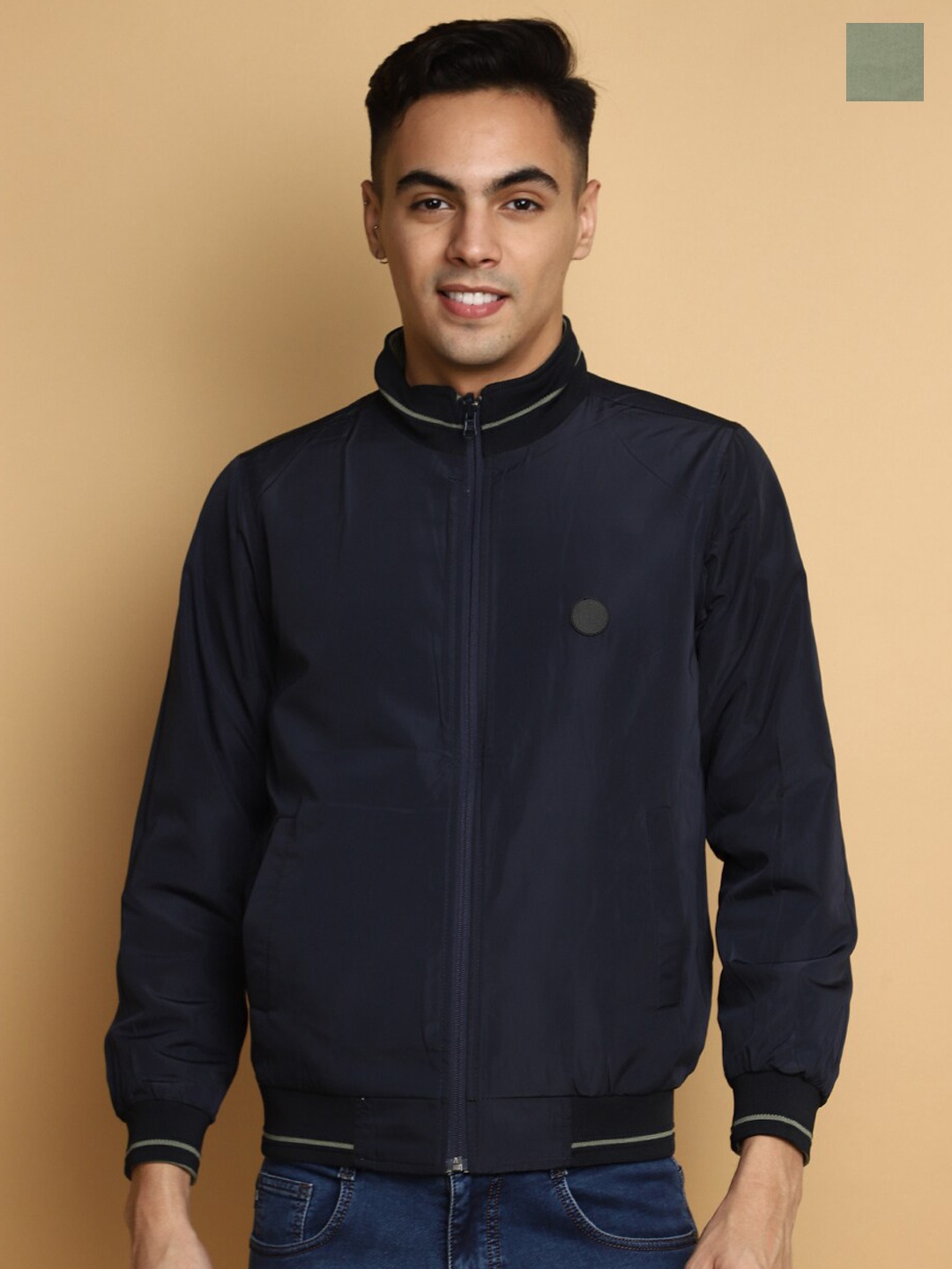 

V-Mart Stand Collar Reversible Cotton Bomber Jacket, Green
