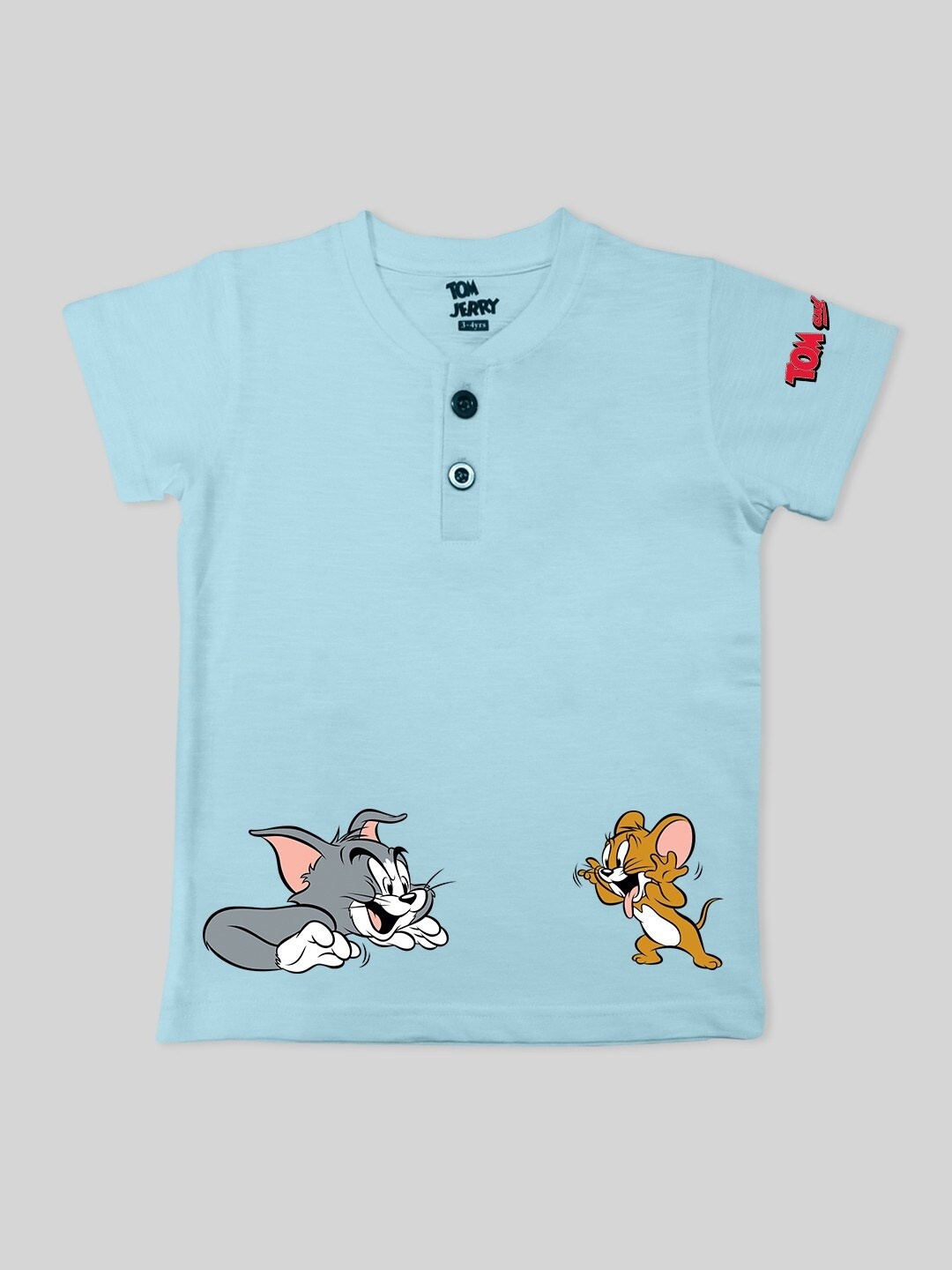 

Minute Mirth Boys Tom & Jerry Printed Henley Neck Cotton T-shirt, Blue