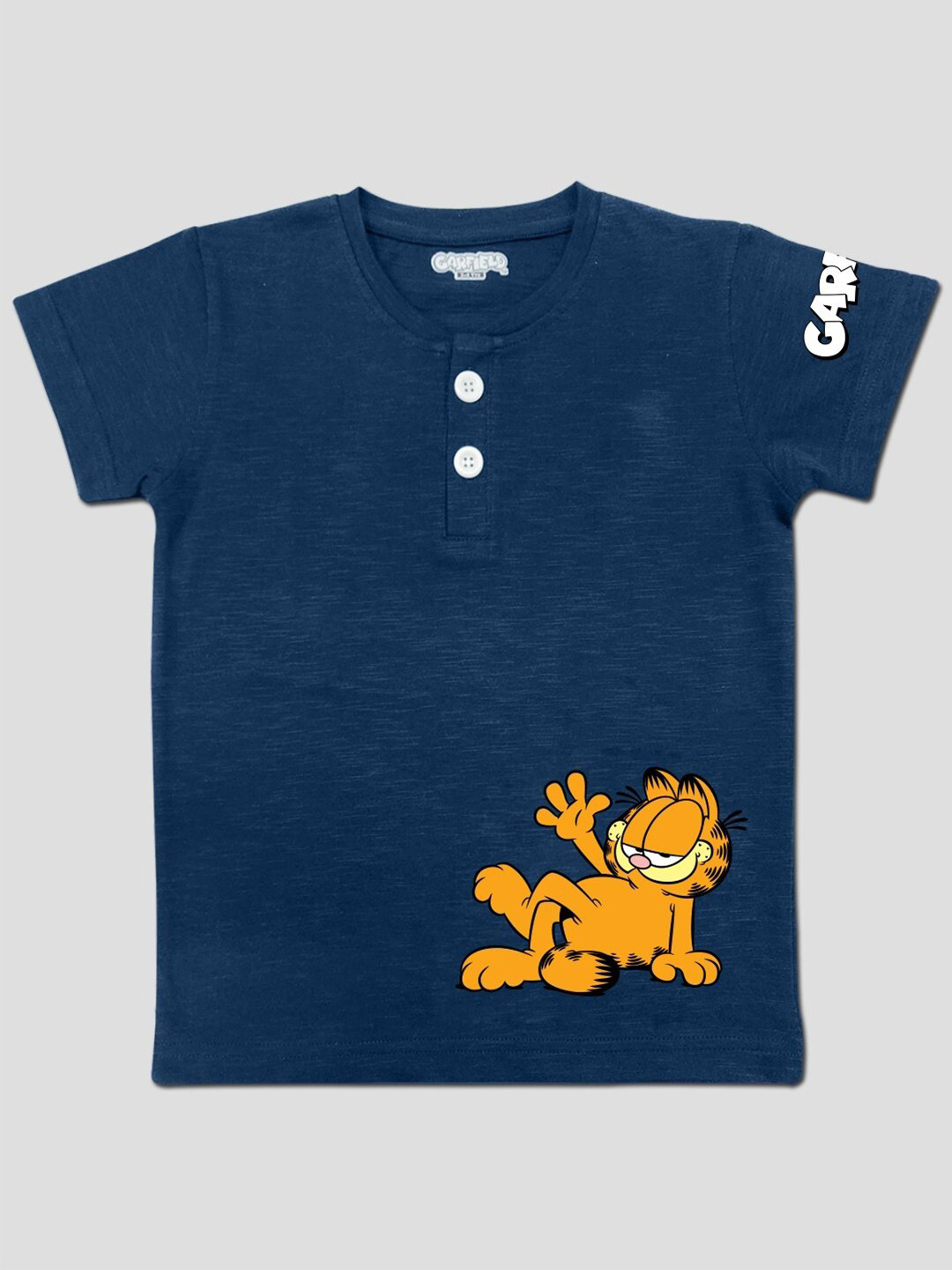 

Minute Mirth Boys Garfield Printed Henley Neck Cotton T-shirt, Blue