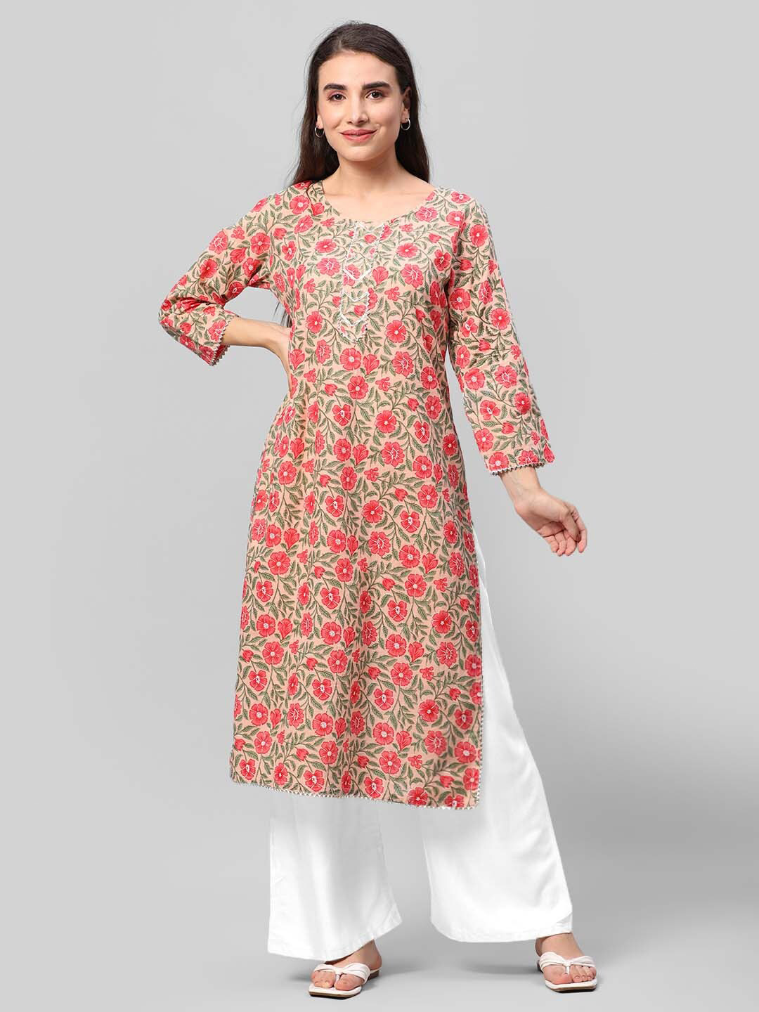 

Aaysa Kurti Floral Printed Pure Cotton Straight Kurta, Pink
