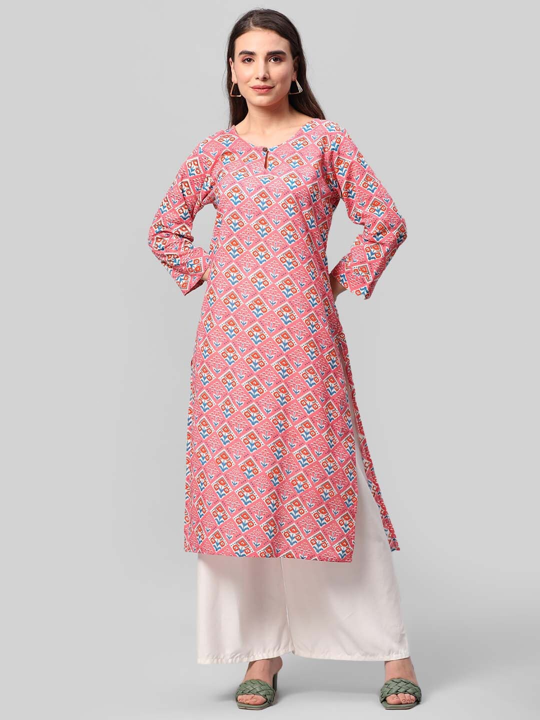 

Aaysa Kurti Ethnic Motifs Printed Keyhole Neck Pure Cotton Straight Kurta, Pink