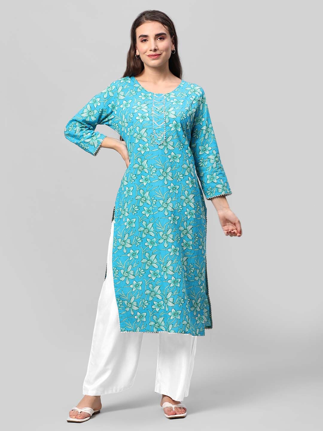 

Aaysa Kurti Floral Printed Round Neck Pure Cotton Gotta Patti Straight Kurta, Blue