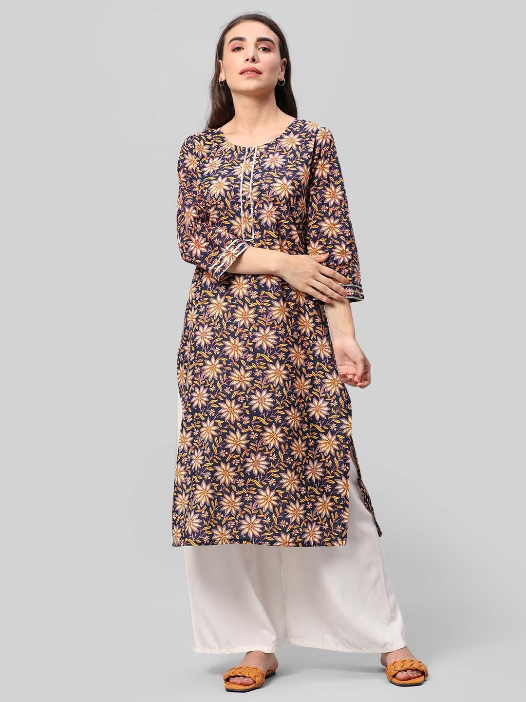 

Aaysa Kurti Floral Printed Round Neck Pure Cotton Gotta Patti Straight Kurta, Navy blue