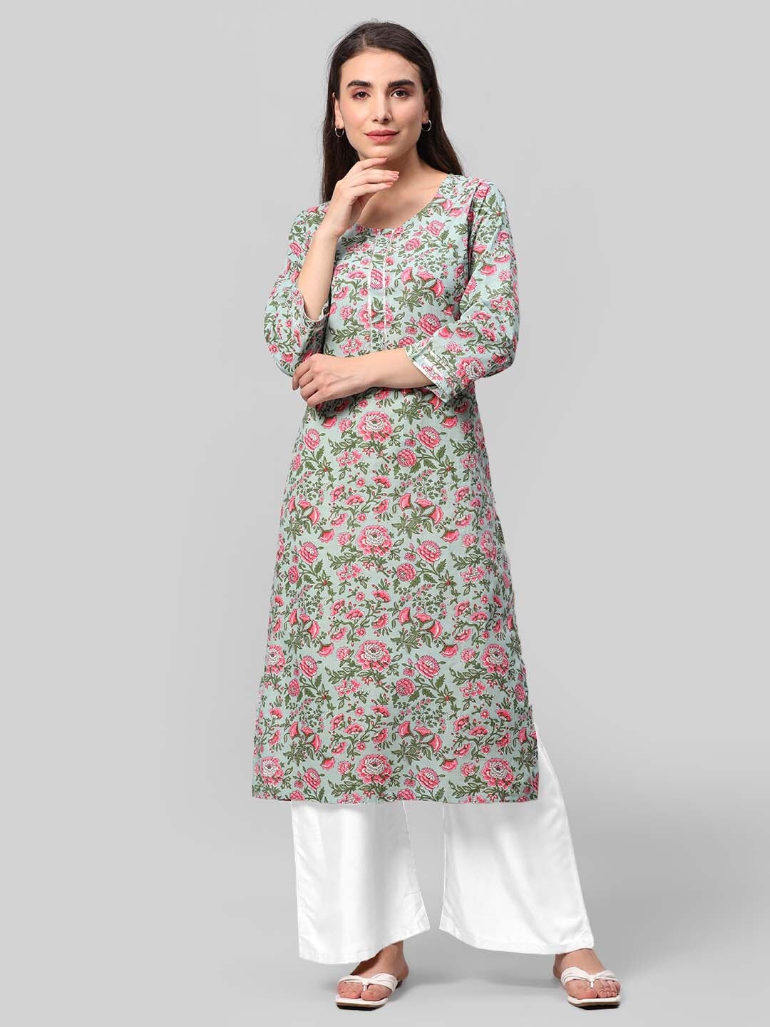 

Aaysa Kurti Floral Printed Round Neck Pure Cotton Gotta Patti Straight Kurta, Green