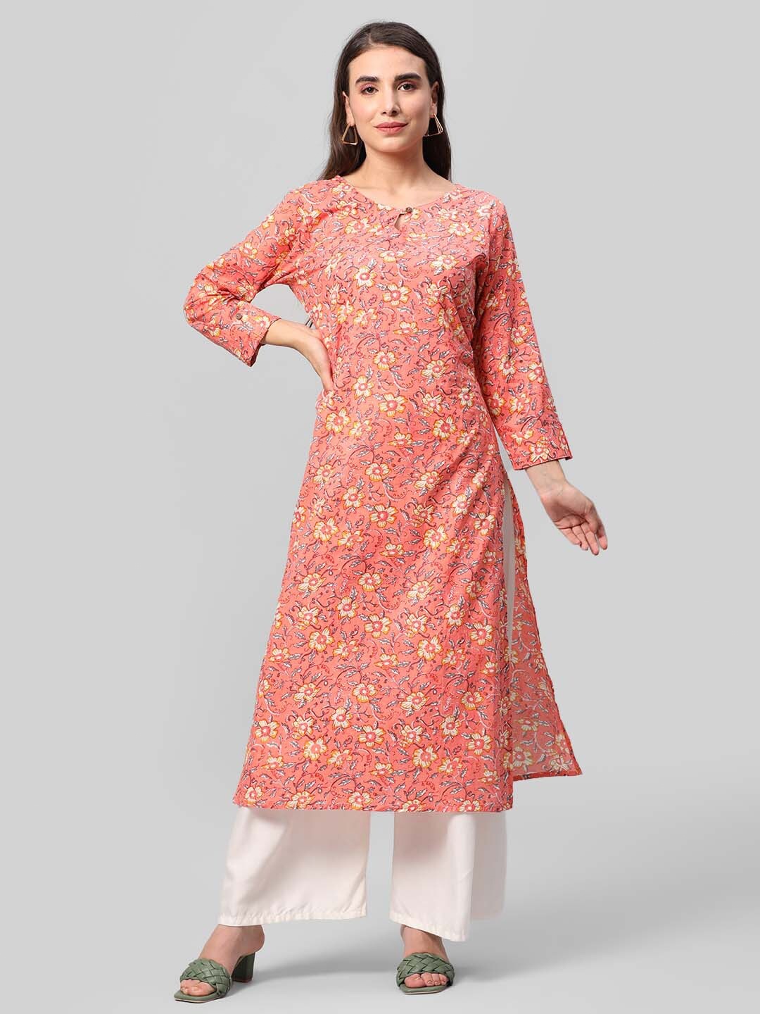 

Aaysa Kurti Floral Printed Straight Cotton Kurta, Peach