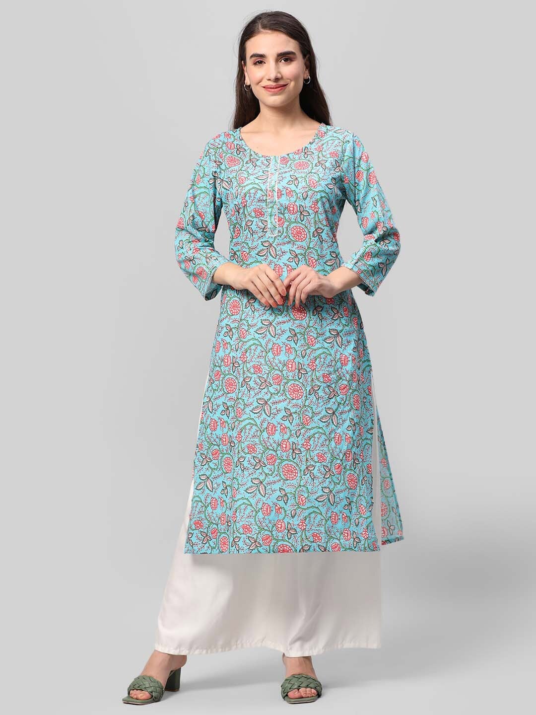 

Aaysa Kurti Floral Printed Round Neck Pure Cotton Gotta Patti Straight Kurta, Blue