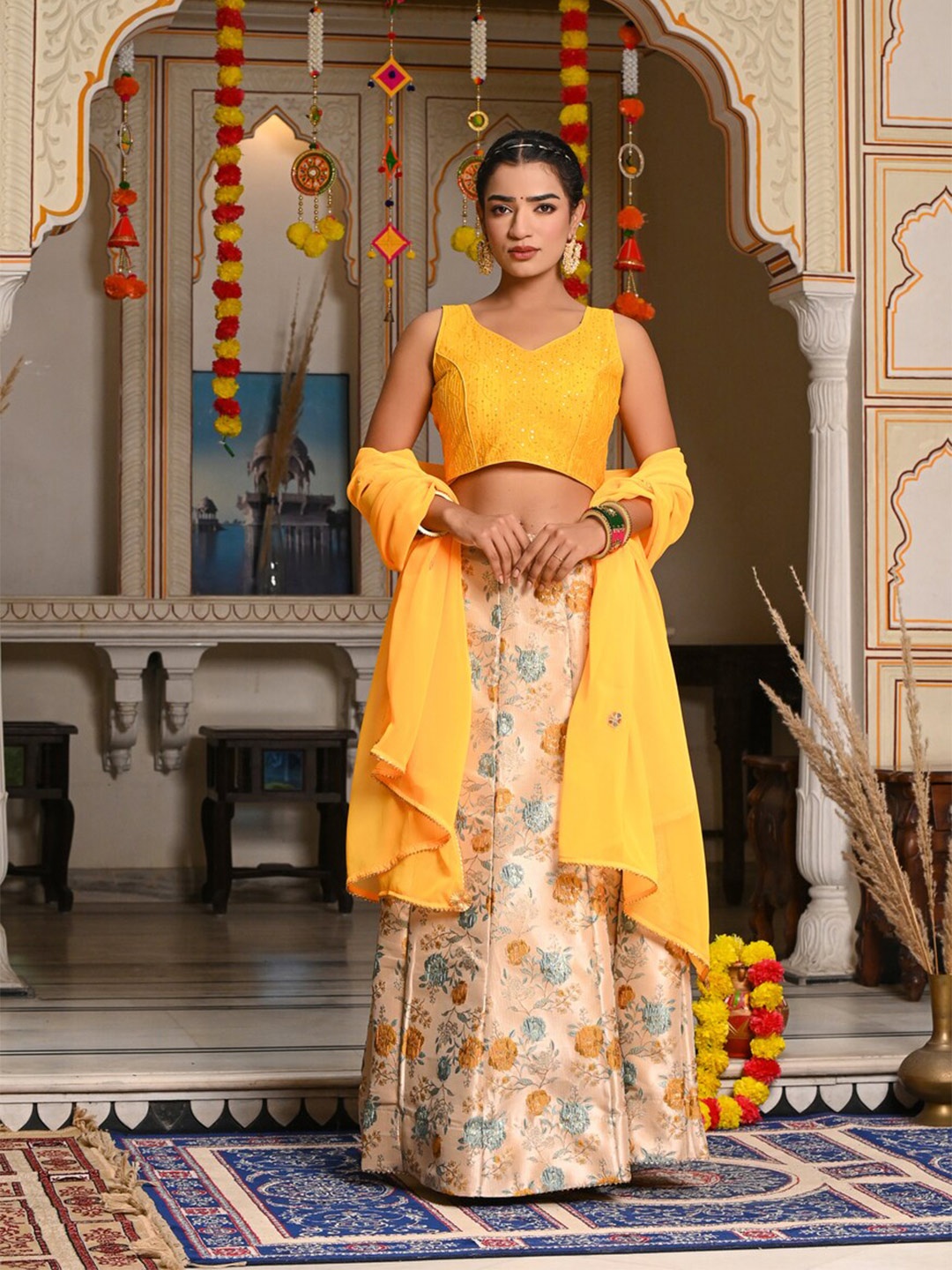 

Indi INSIDE Printed Ready to Wear Lehenga & Unstitched Blouse With Dupatta, Yellow