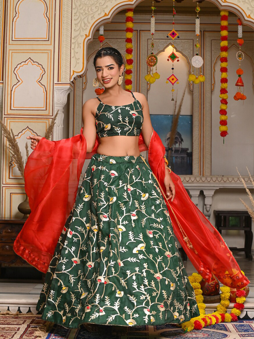 

Indi INSIDE Embellished Semi-Stitched Lehenga & Unstitched Blouse With Dupatta, Green
