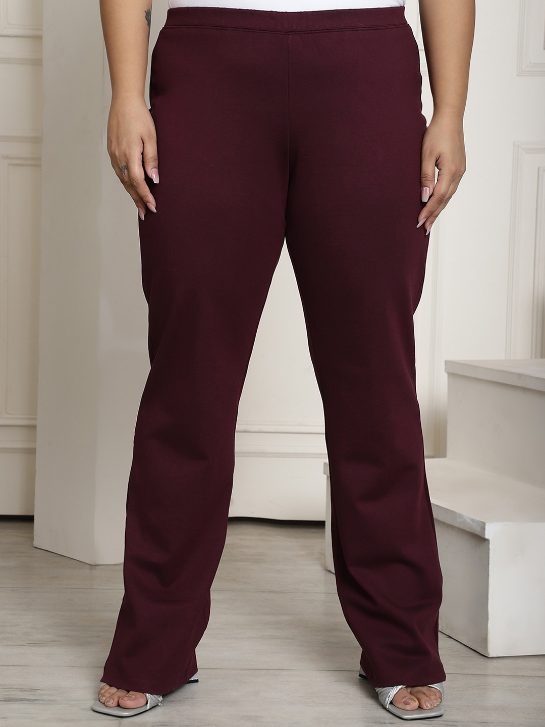 

theRebelinme Women Plus Size Smart Straight Fit High-Rise Easy Wash Trousers, Burgundy