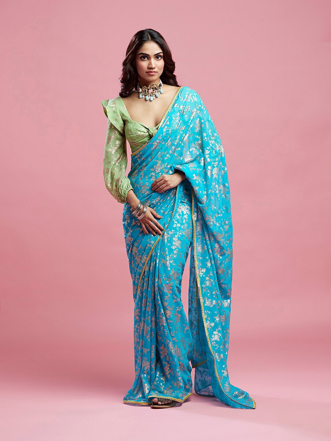 

PHATAKA Floral Printed Gotta Patti Pure Georgette Barfi Saree With Stitched Blouse, Blue