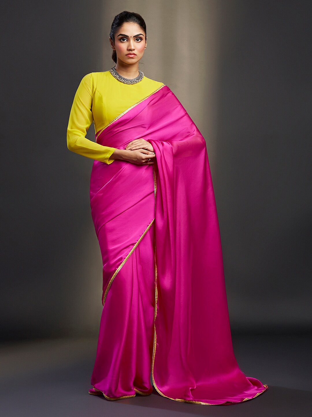 

PHATAKA Satin Block Print Saree, Pink
