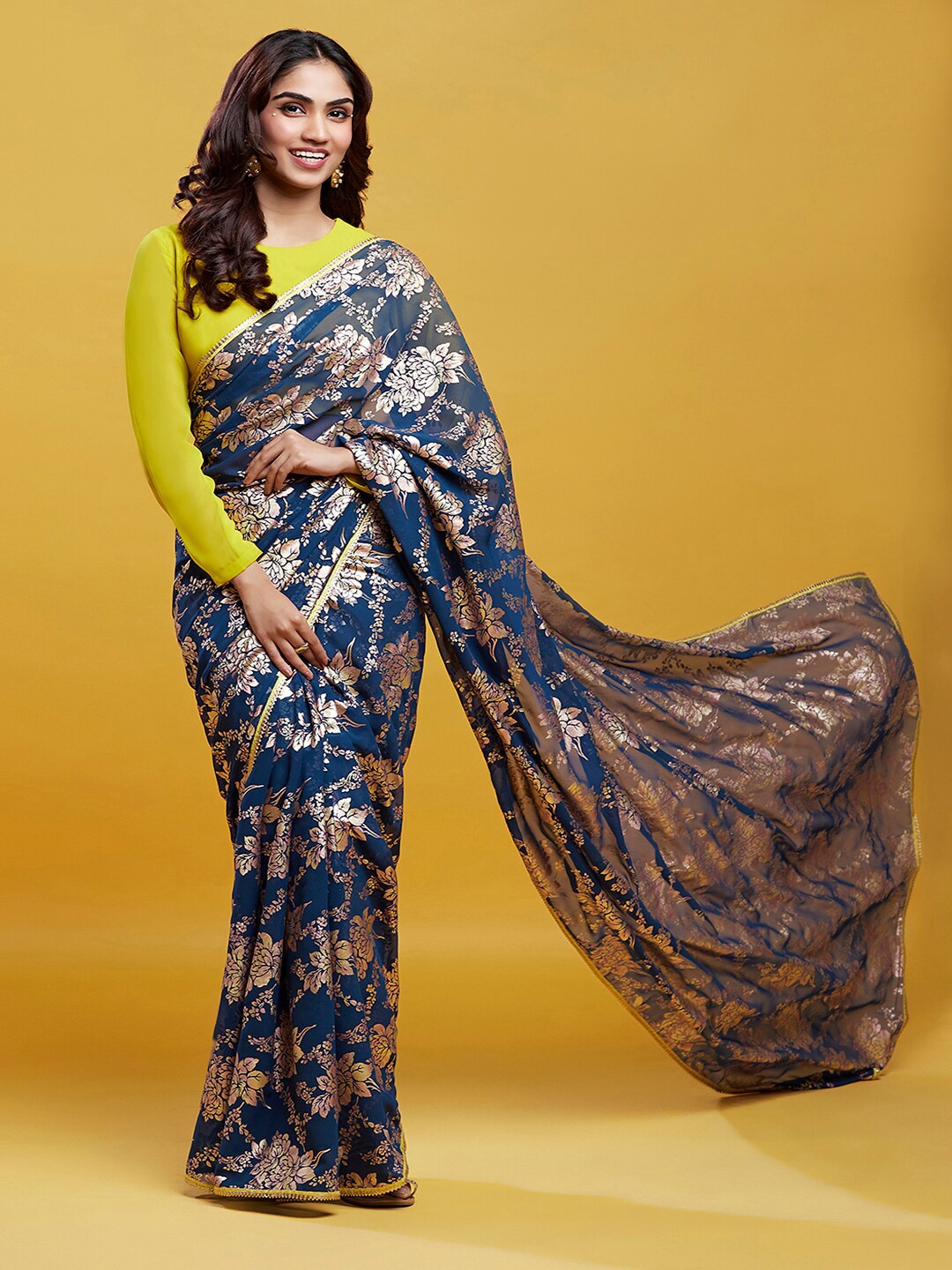 

PHATAKA Floral Printed Gotta Patti Pure Georgette Barfi Saree With Stitched Blouse, Navy blue