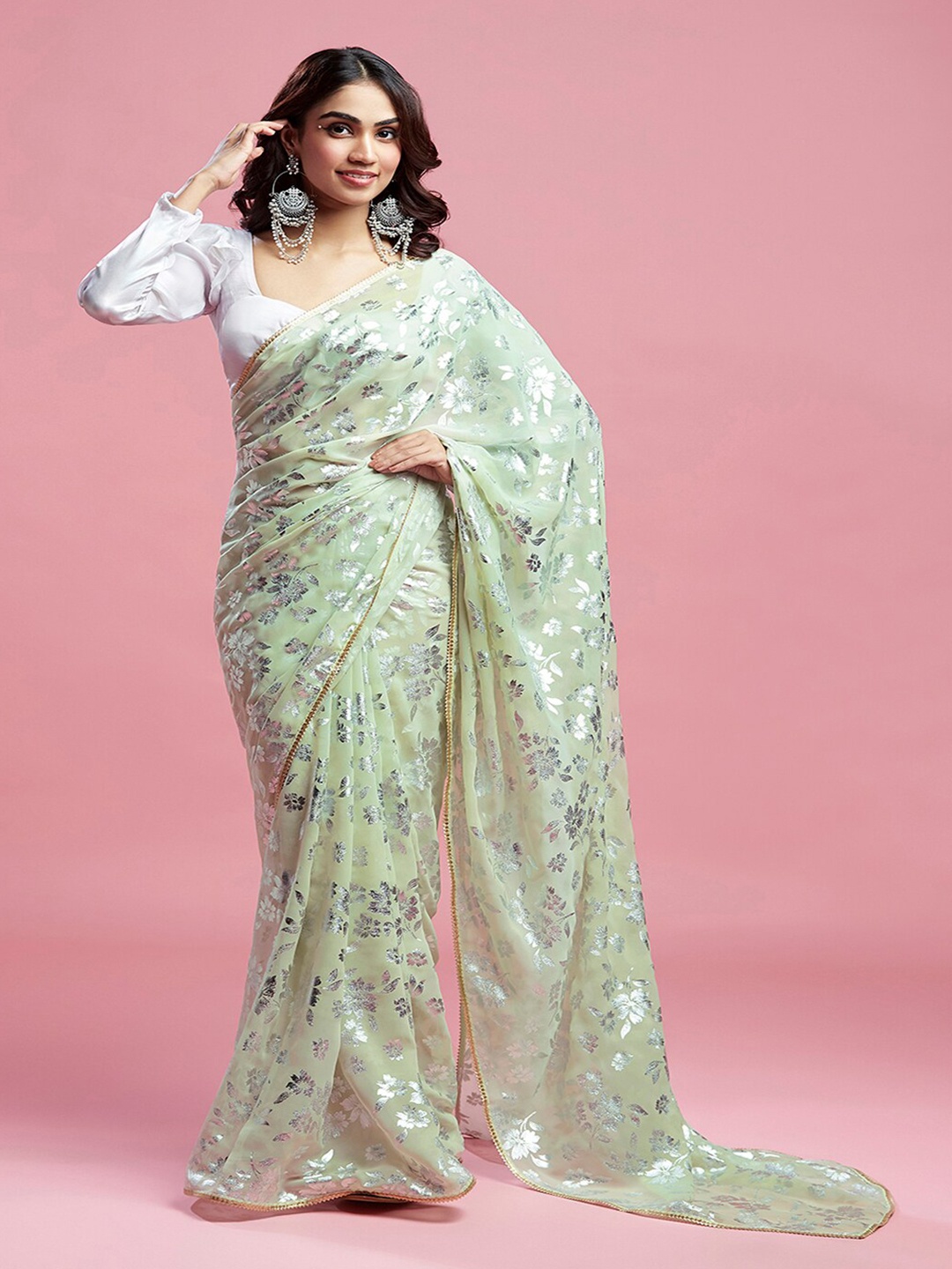 

PHATAKA Floral Printed Block Print Barfi Saree, Green