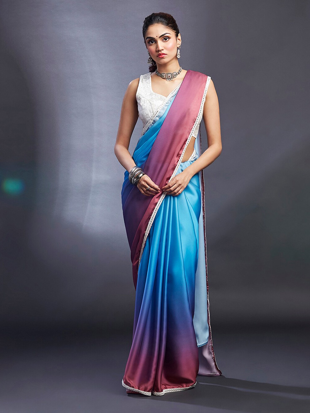 

PHATAKA Ombre Printed Mirror Work Satin Saree, Navy blue