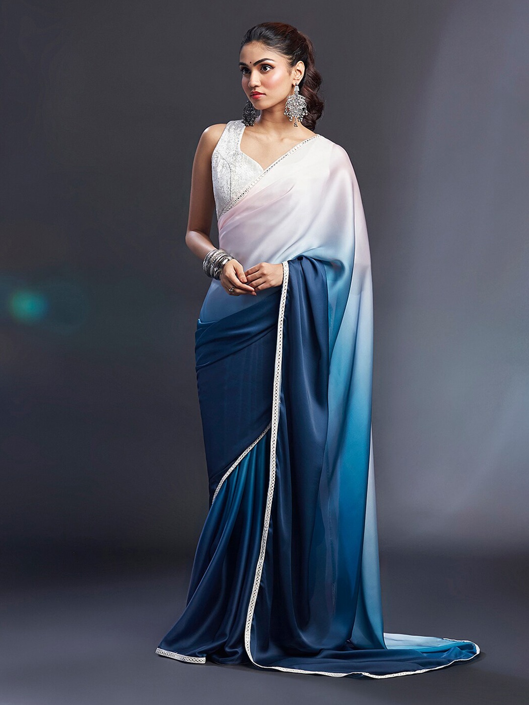 

PHATAKA Ombre Dyed Satin Saree, Navy blue