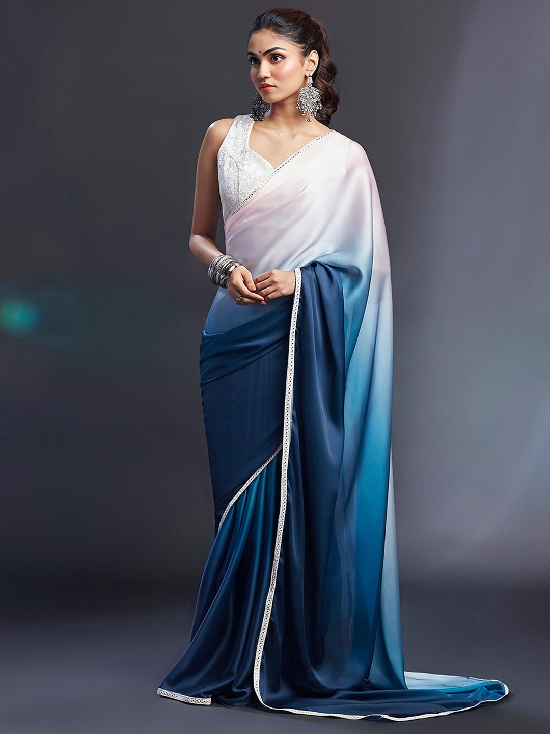 

PHATAKA Ombre Satin Block Print Saree, Navy blue