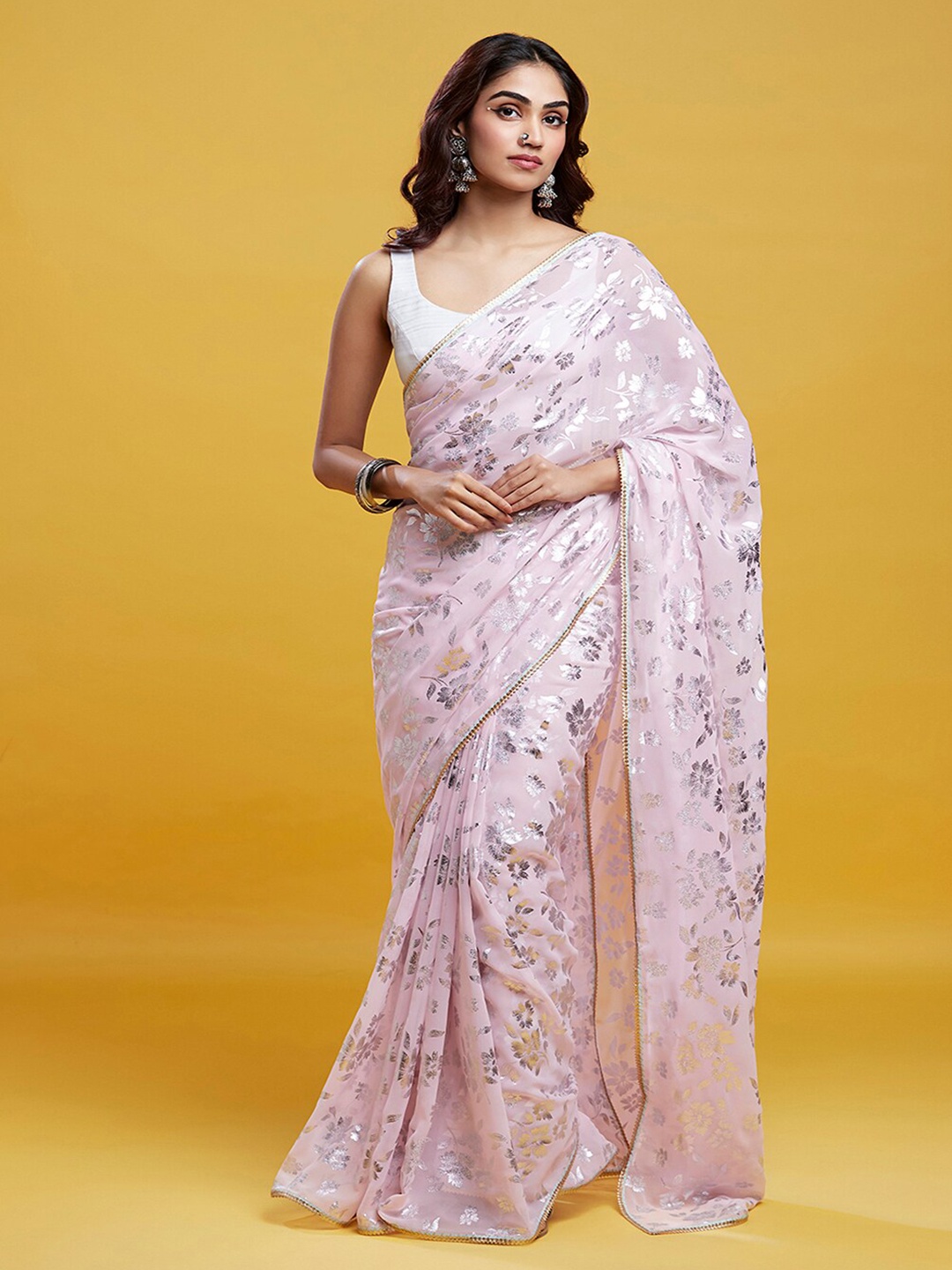 

PHATAKA Floral Printed Block Print Barfi Saree, Pink