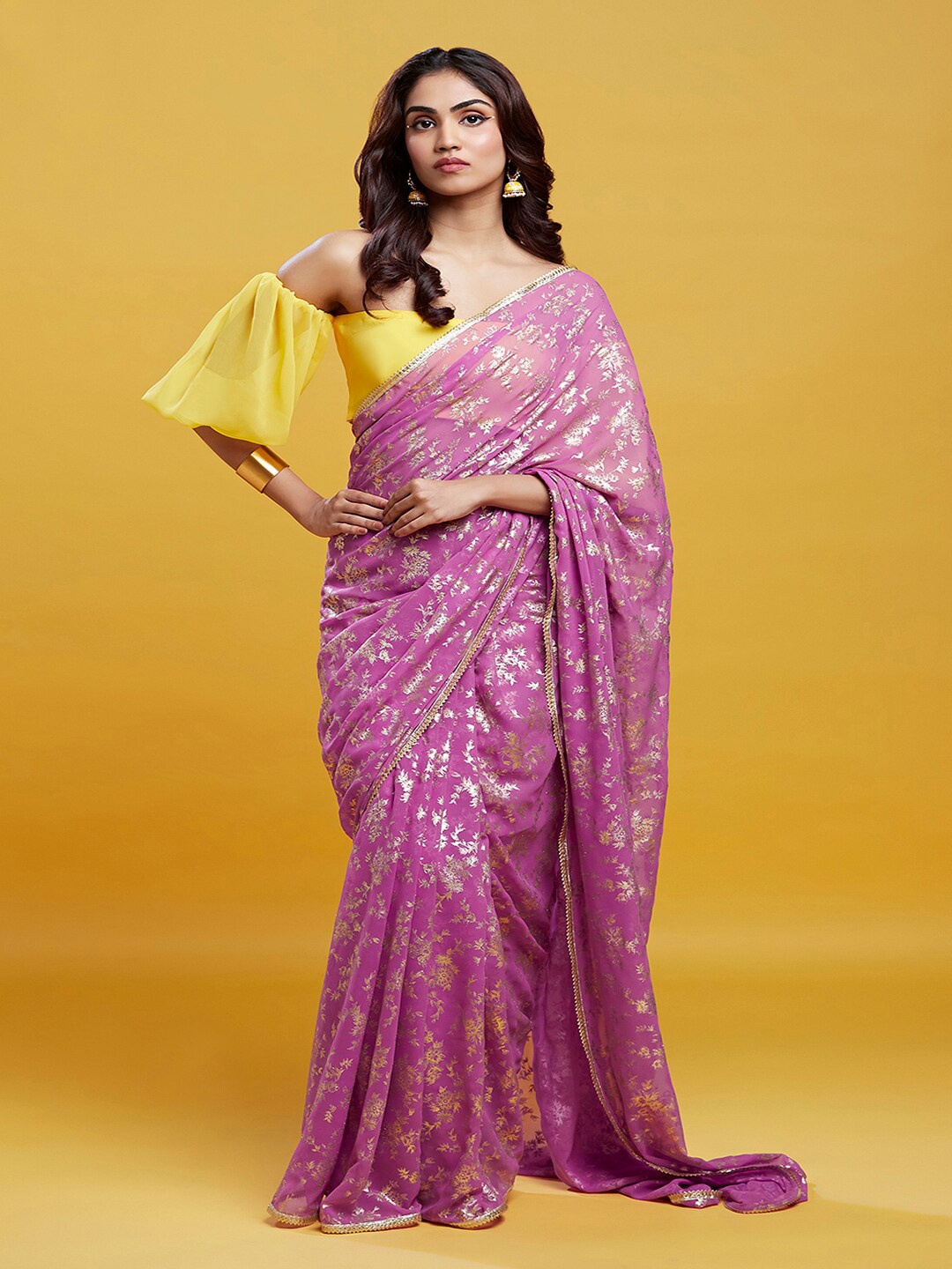 

PHATAKA Floral Printed Gotta Patti Pure Georgette Saree, Purple