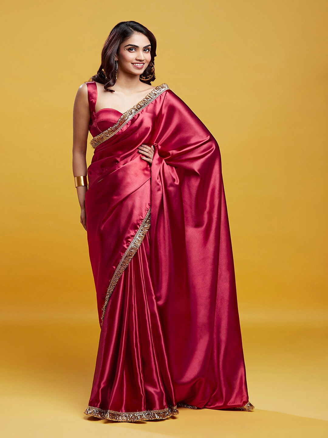 

PHATAKA Satin Block Print Saree, Maroon