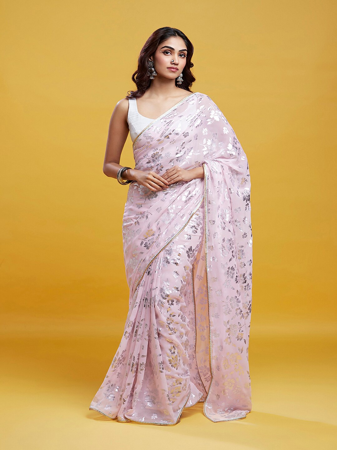 

PHATAKA Floral Printed Block Print Barfi Saree, Pink