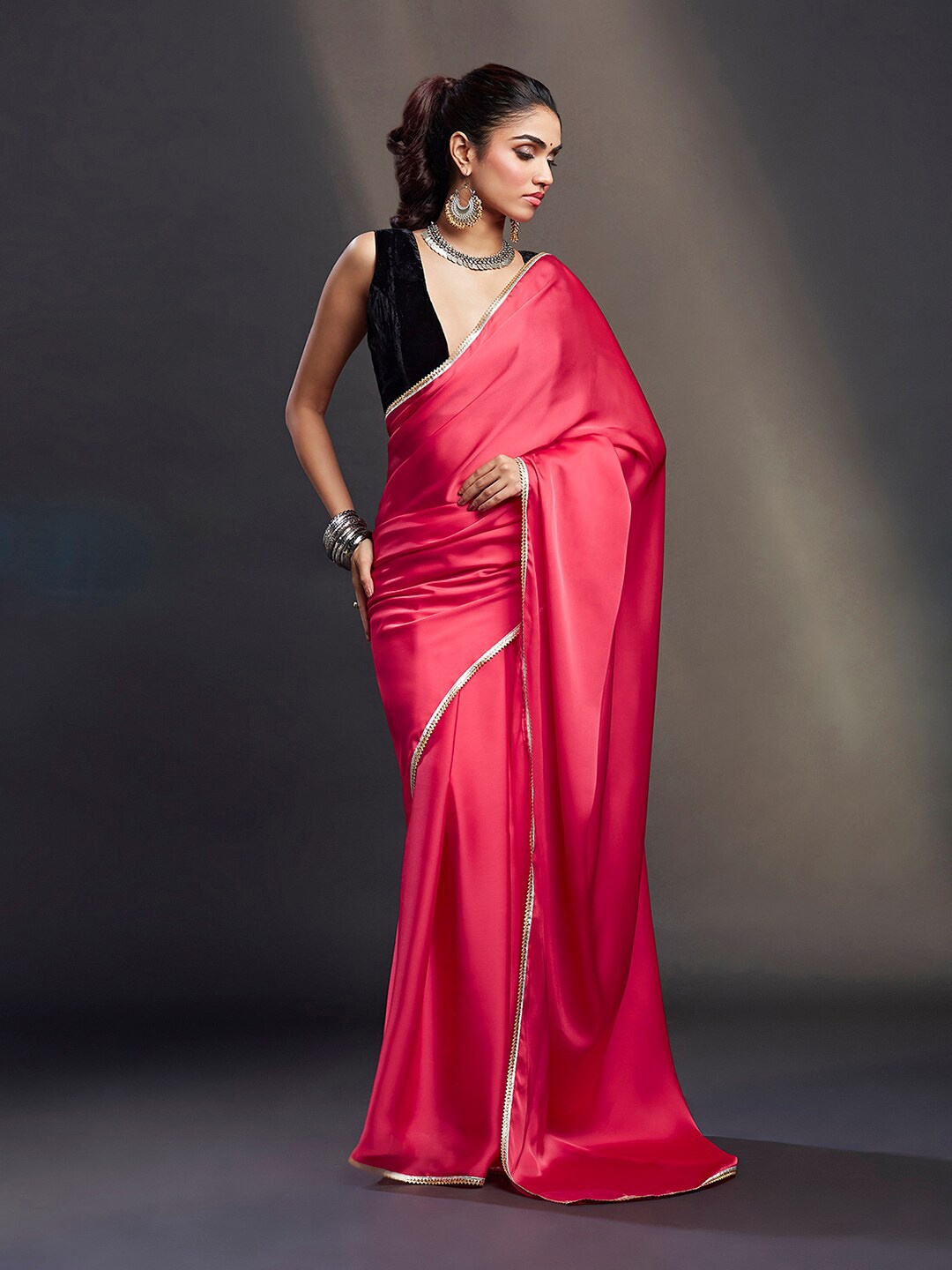 

PHATAKA Gotta Patti Satin Saree With Stitched Blouse, Coral