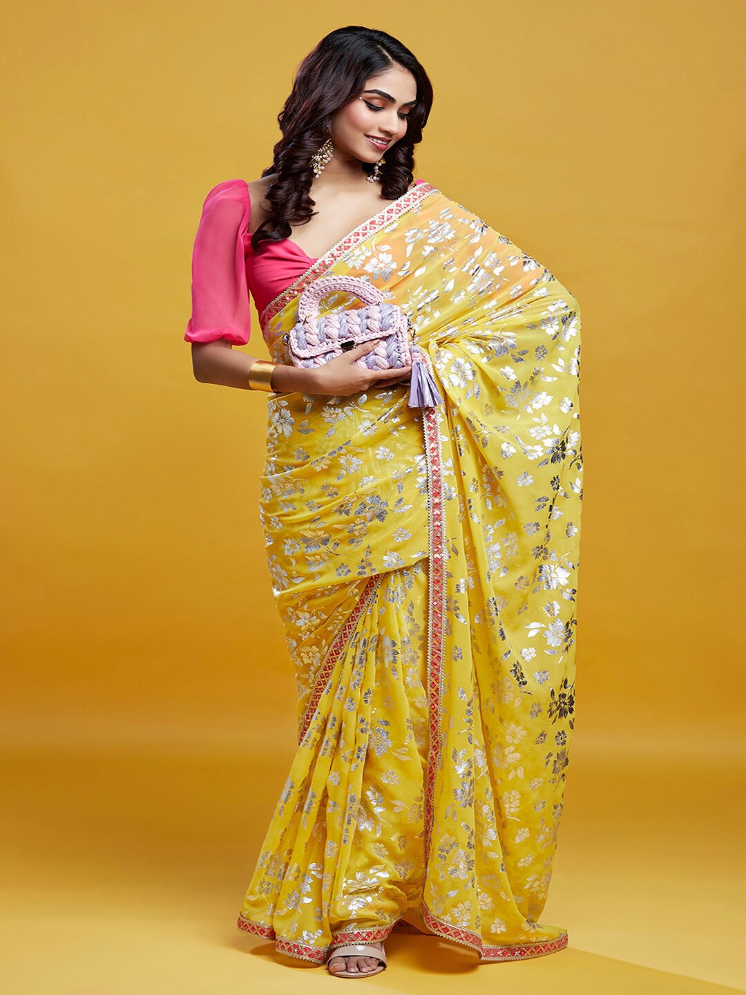 

PHATAKA Floral Printed Gotta Patti Pure Georgette Barfi Saree, Yellow