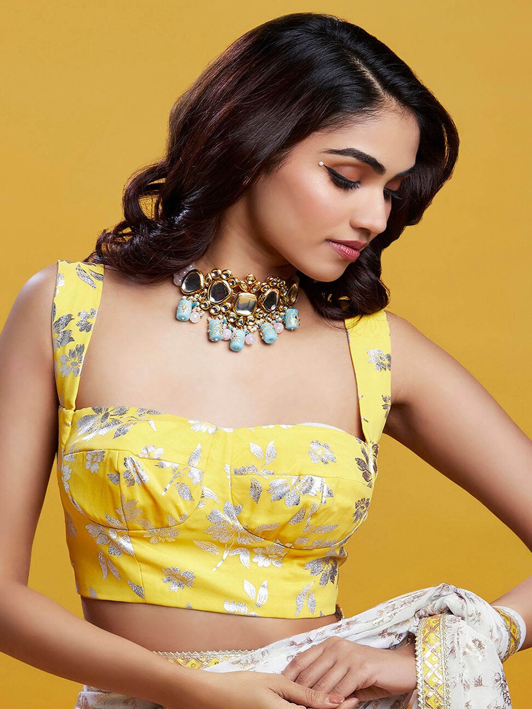 

PHATAKA Printed Sweatheart Neck Saree Blouse, Yellow