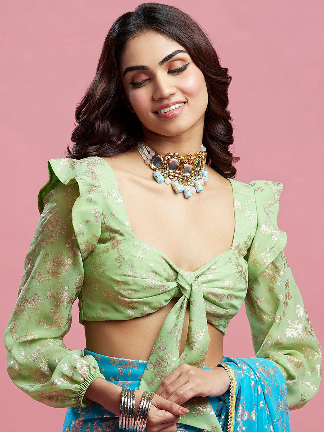 

PHATAKA Printed Tie Up Neck Georgette Saree Blouse, Green