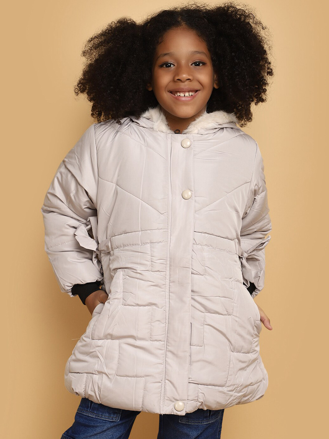 

V-Mart Girls Hooded Lightweight Longline Faux Fur Trim Detail Puffer Jacket, Off white