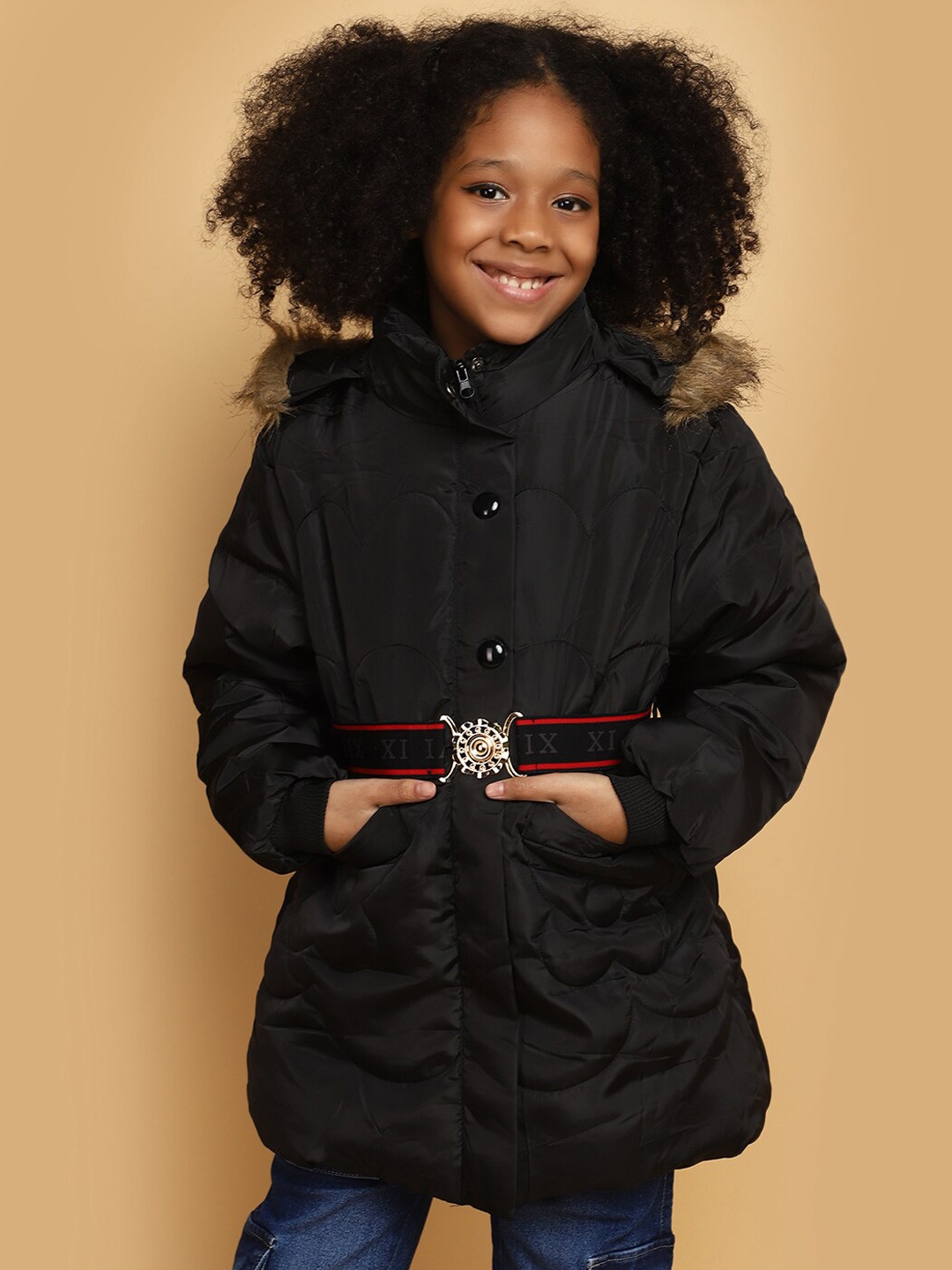 

V-Mart Girls Hooded Lightweight Faux Fur Trim Detail Parka Jacket, Black