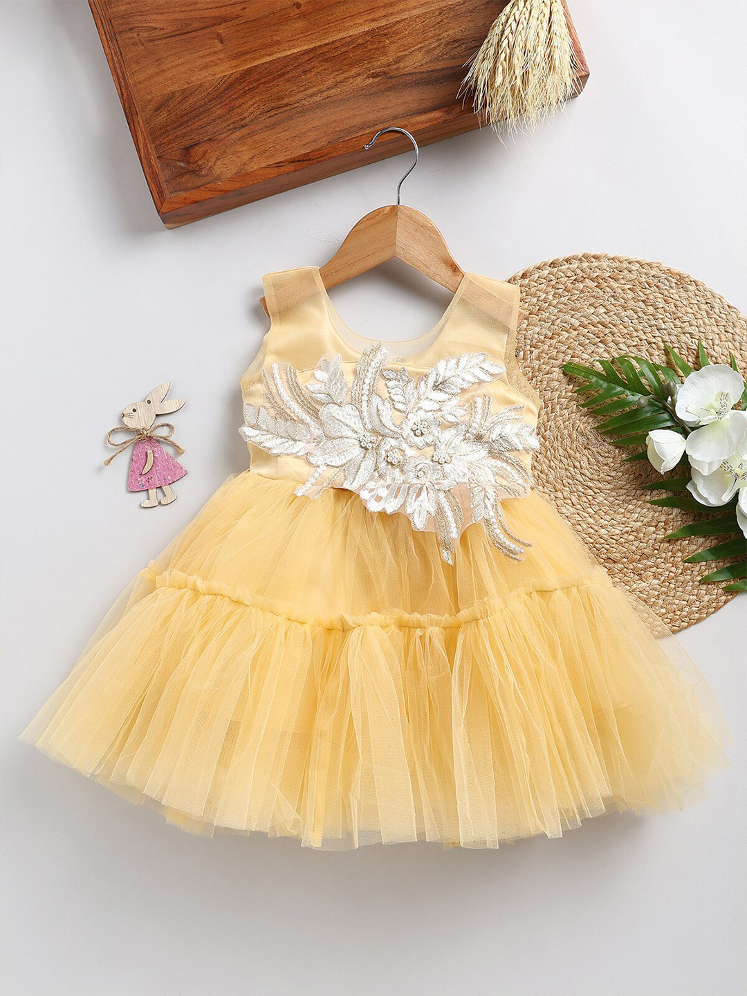 

SmartRAHO Girls Floral Embellished Gathered Detail Fit & Flare Dress, Yellow
