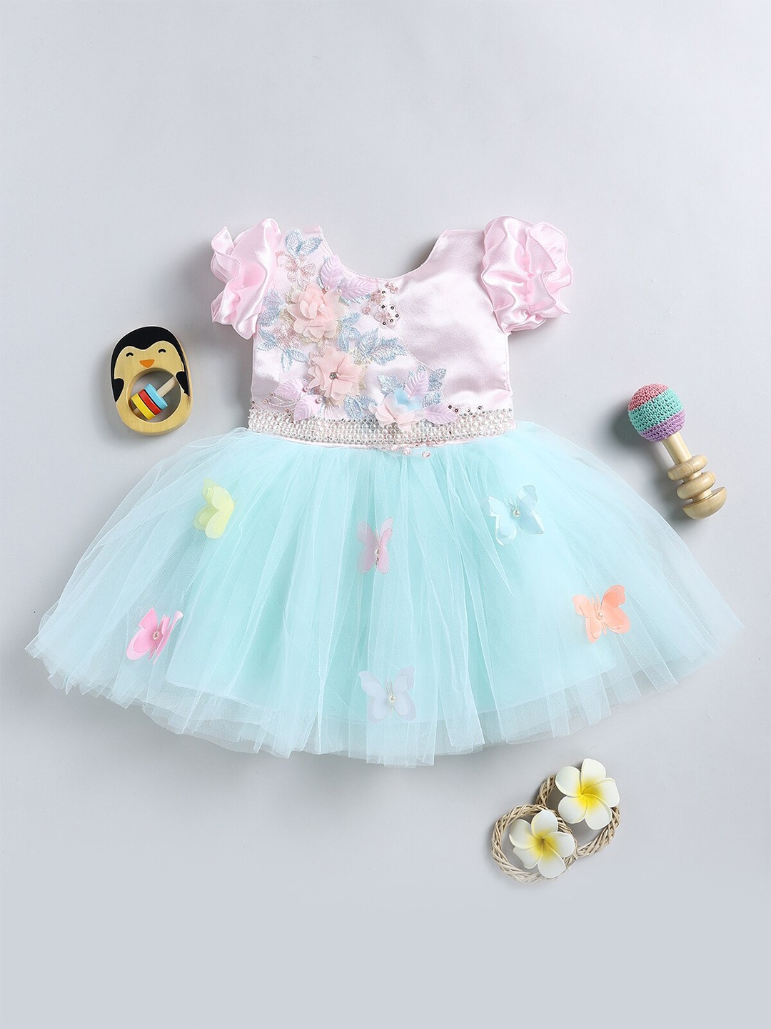 

SmartRAHO Girls Embellished Puff Sleeves Fit & Flare Dress, Pink