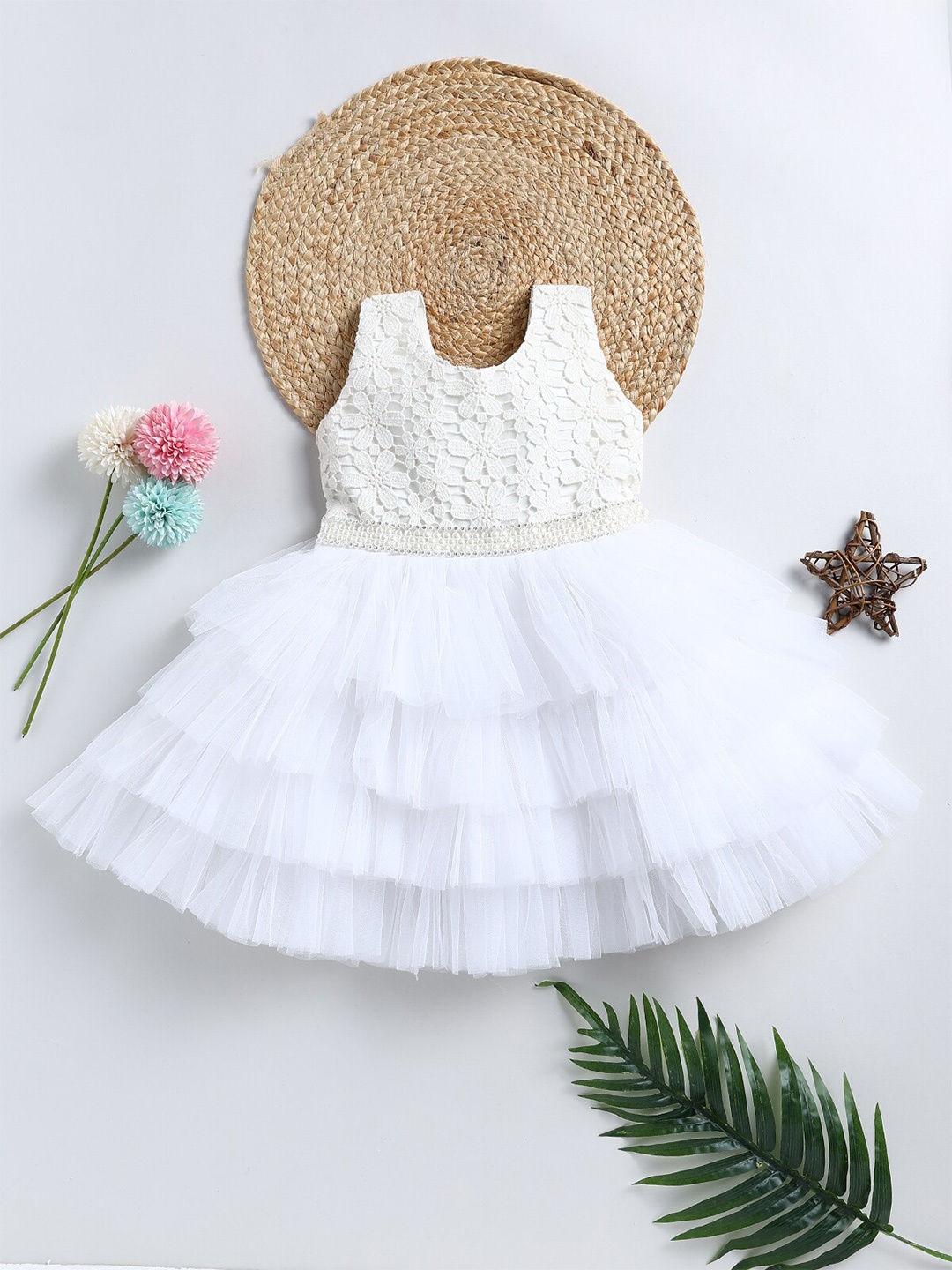 

SmartRAHO Self Design Lace Inserts Fit & Flare Dress, White