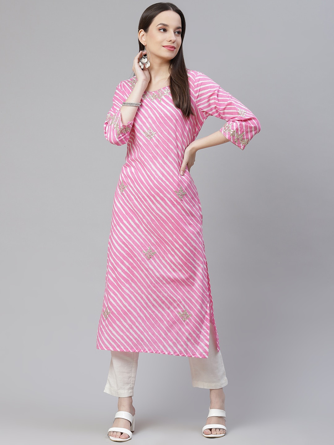 

KALINI Leheriya Printed Thread Work Detail Straight Kurta, Pink