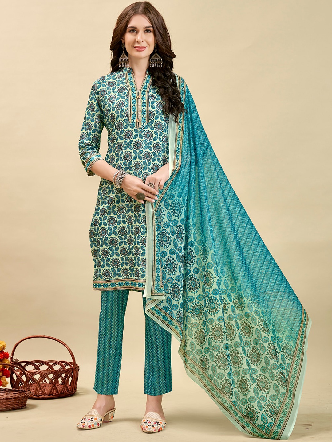 

Anouk Turquoise Blue Ethnic Motifs Printed Kurta With Trousers & Dupatta