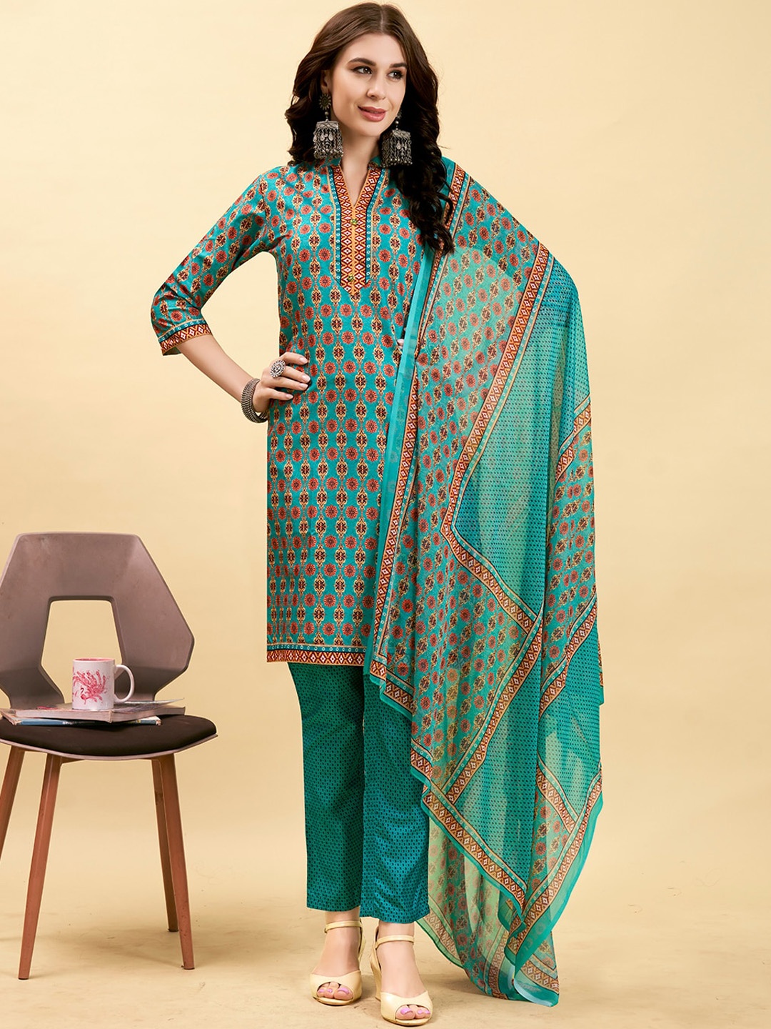 

Anouk Ethnic Motifs Printed Regular Kurta With Trousers & Dupatta, Sea green