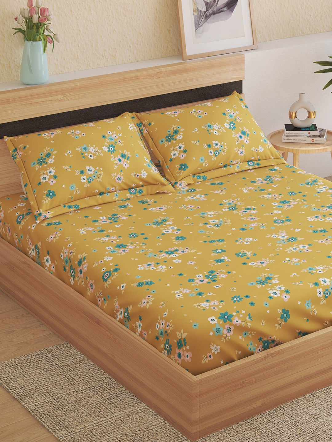 

Home Centre Yellow & Pink Floral Cotton 150 TC King Bedsheet with 2 Pillow Covers