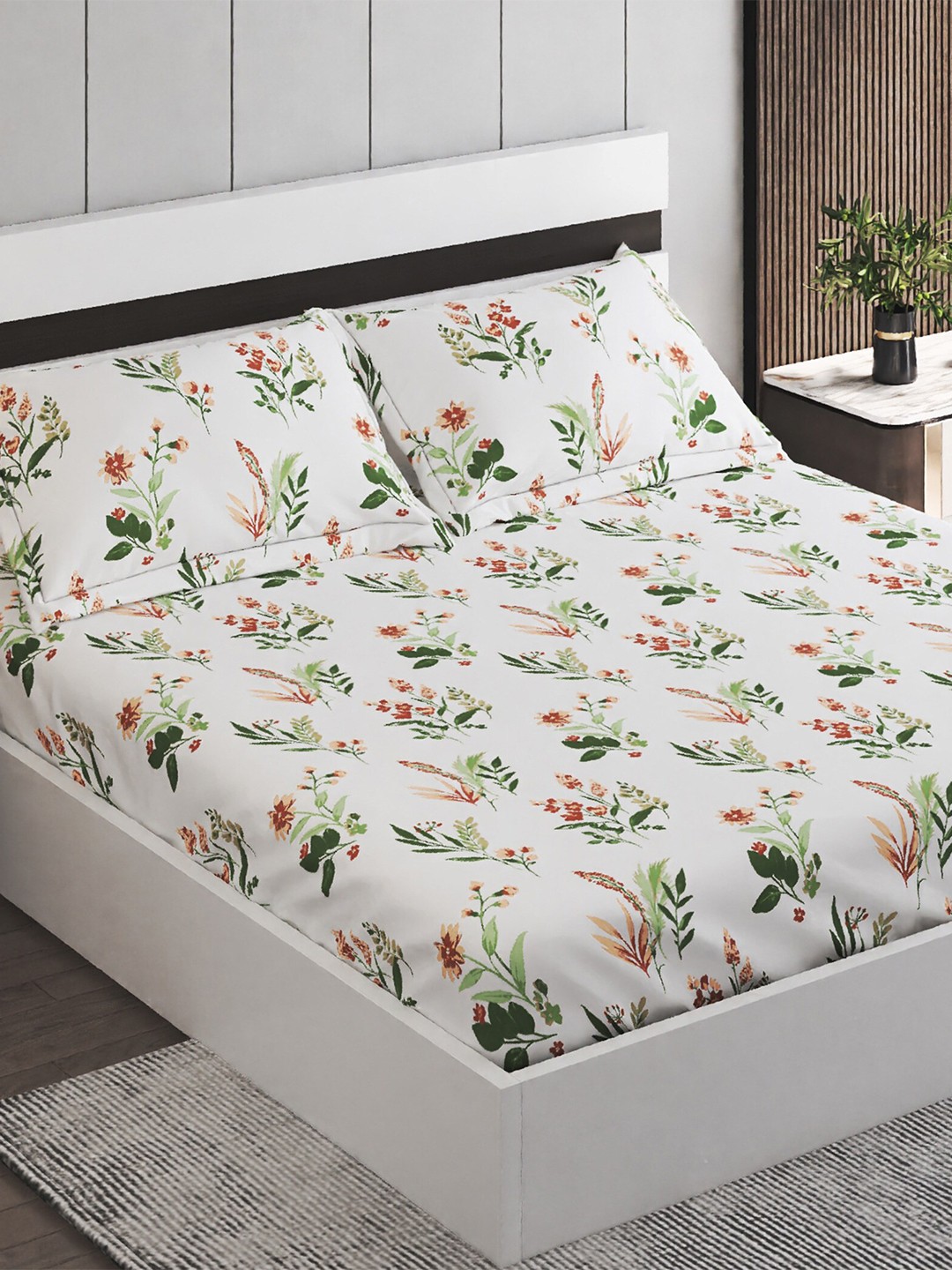 

Home Centre White & Green Floral Cotton 150 TC King Bedsheet with 2 Pillow Covers