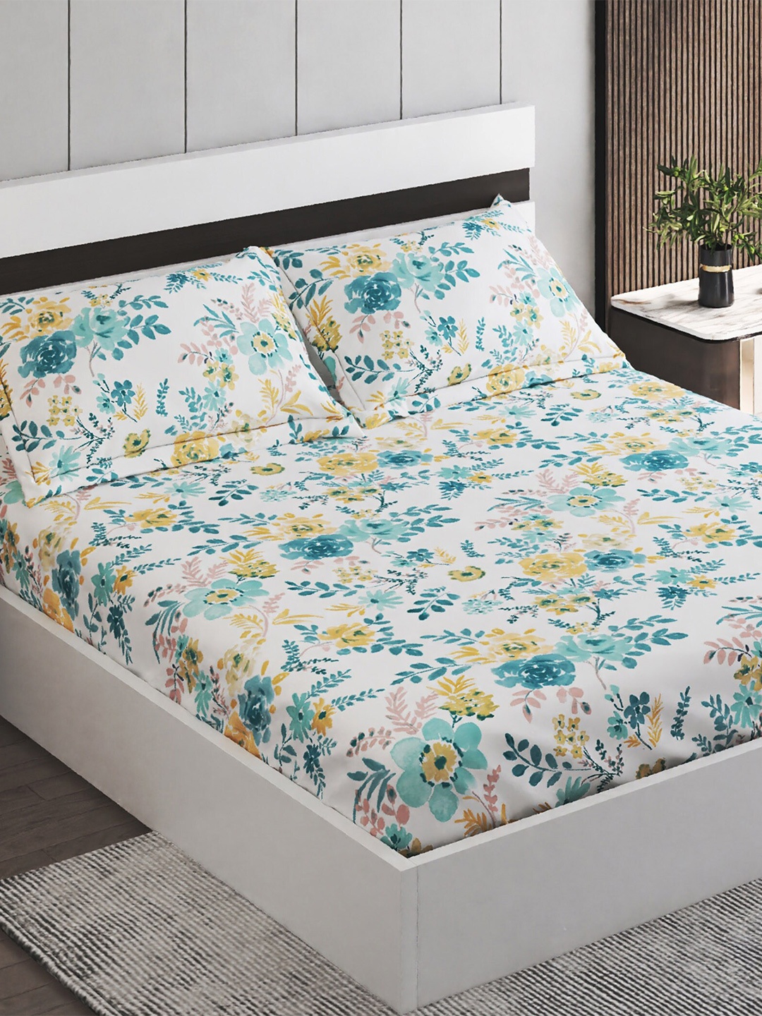 

Home Centre Colour Refresh Blue Floral Cotton150 TC Queen Bedsheet with 2 Pillow Covers