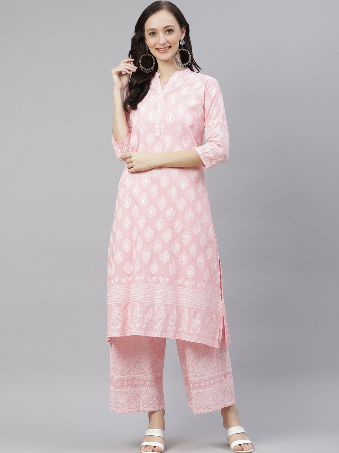 

KALINI Ethnic Motifs Printed Mandarin Collar Pure Cotton Kurta With Palazzos, Pink