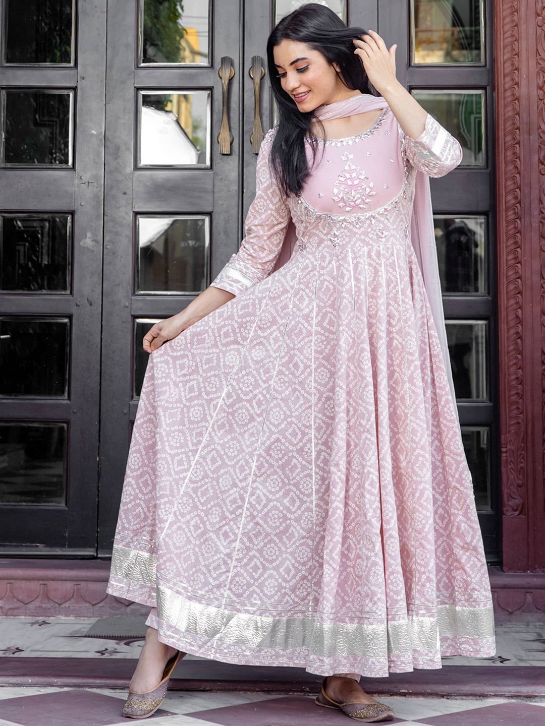 

KALINI Bandhani Printed Gotta Patti Pure Cotton Kurta With Trousers & Dupatta, Pink