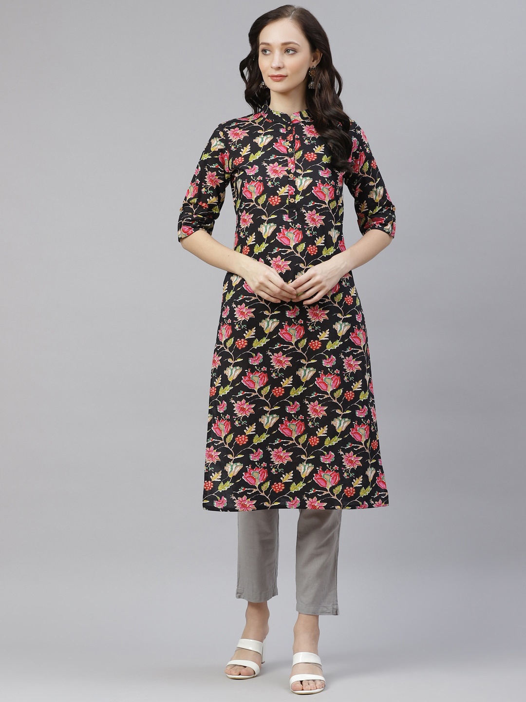 

KALINI Floral Printed Mandarin Collar Cotton Kurta, Black