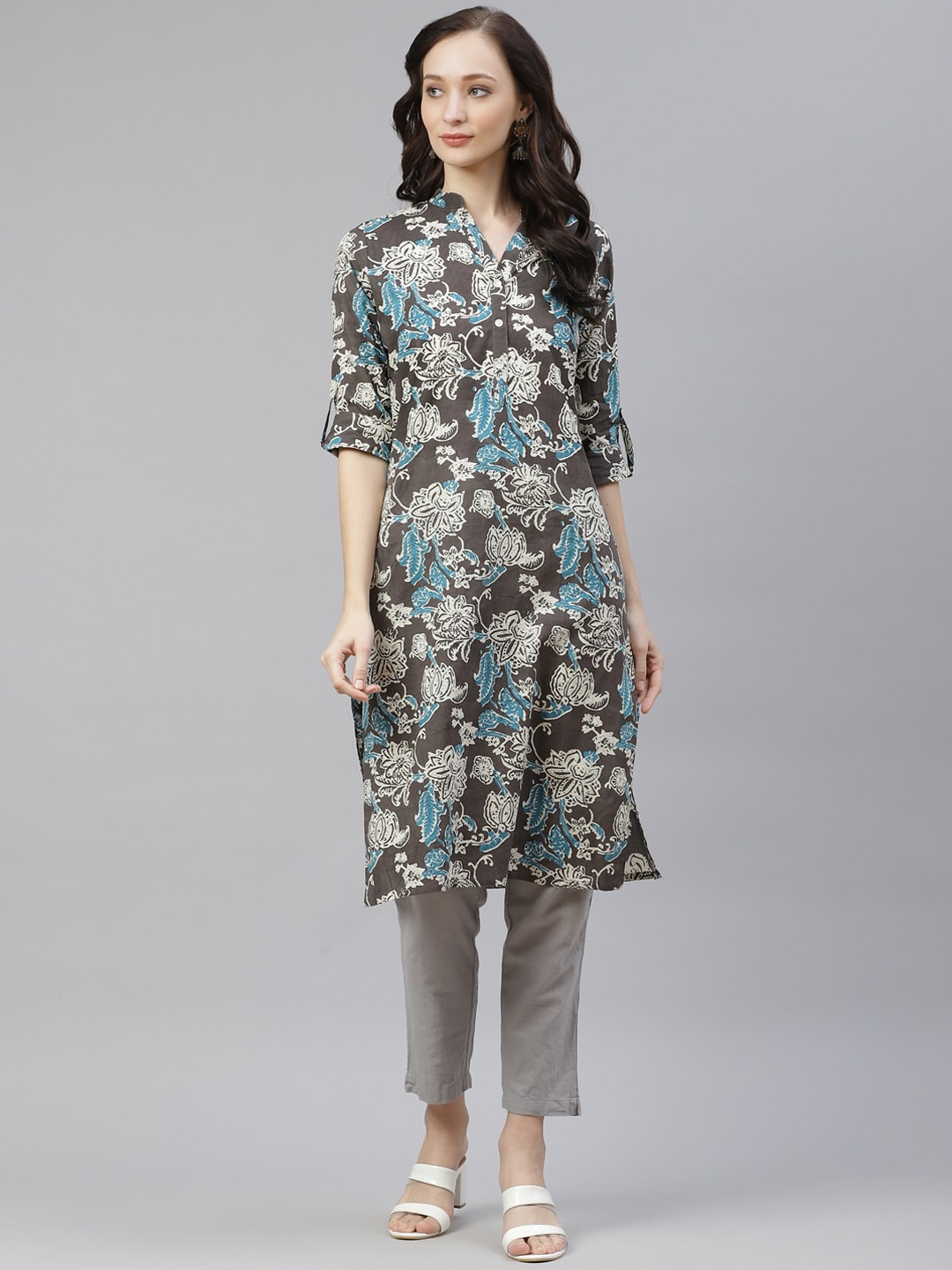 

KALINI Floral Printed Mandarin Collar Roll-Up Sleeves Cotton Straight Kurta, Brown