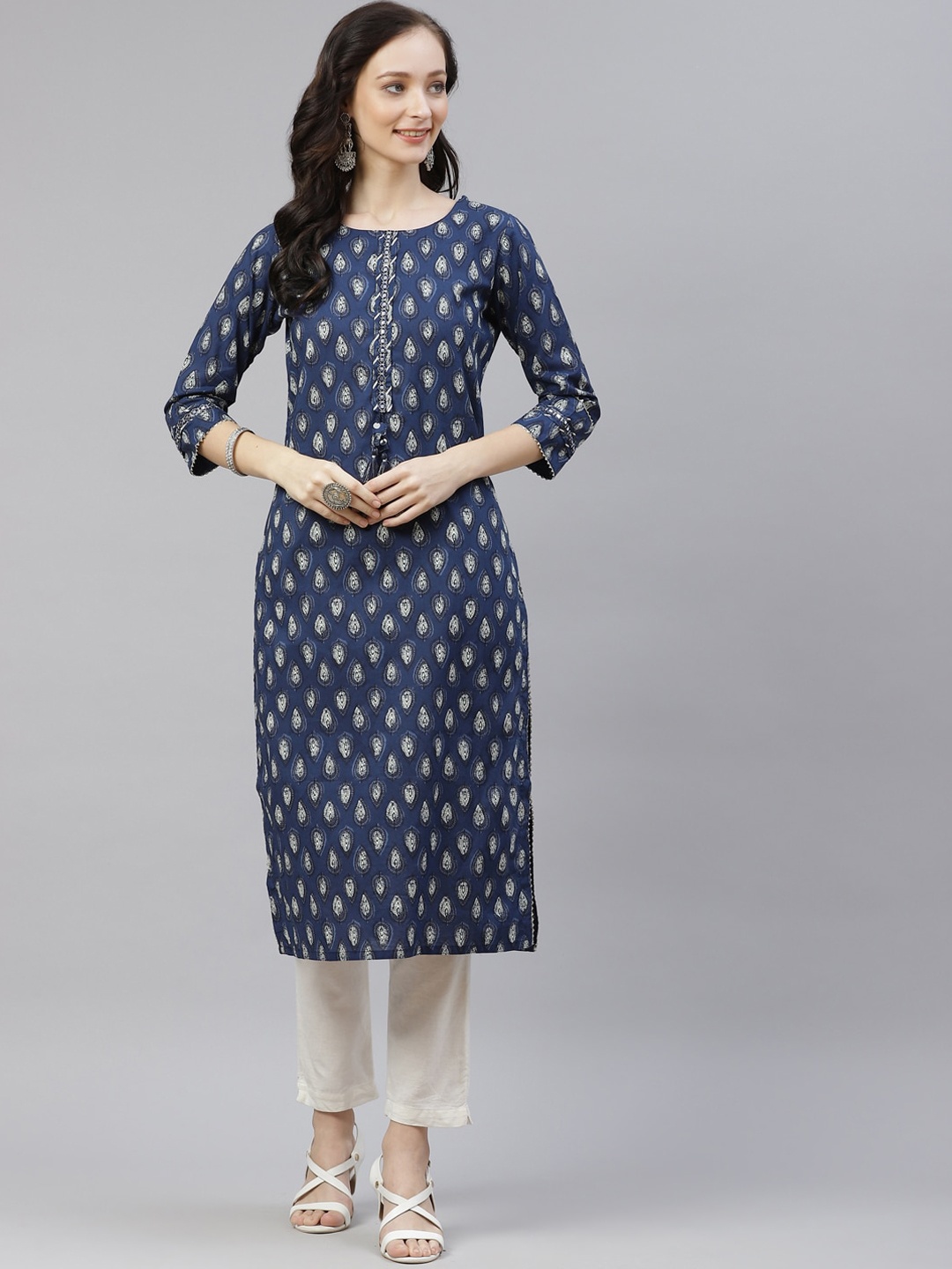 KALINI Ethnic Motifs Printed Mirror Work Cotton Straight Kurta, Blue