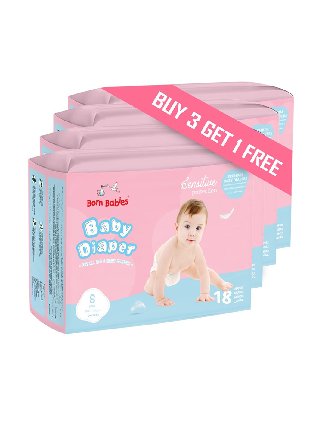 

Born Babies 4-Pcs Three Layer Leakage Protection Tape Diapers - 72 Pieces, Pink