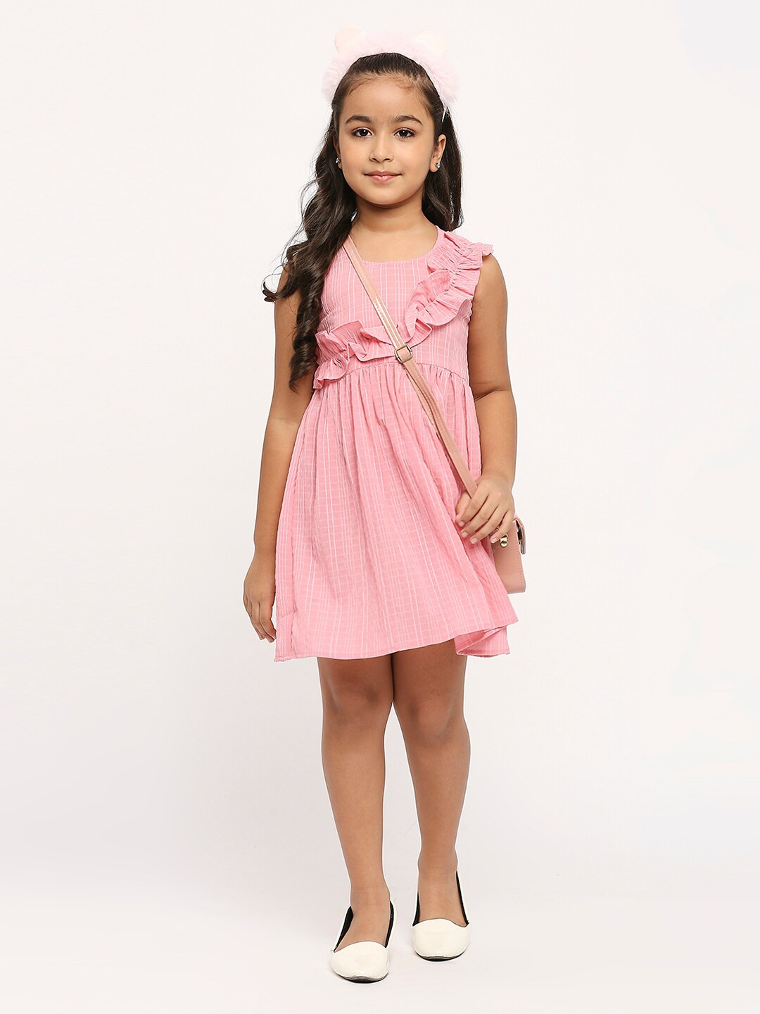 

GUFRINA Girls Checked Ruffled Detail A-Line Dress, Pink