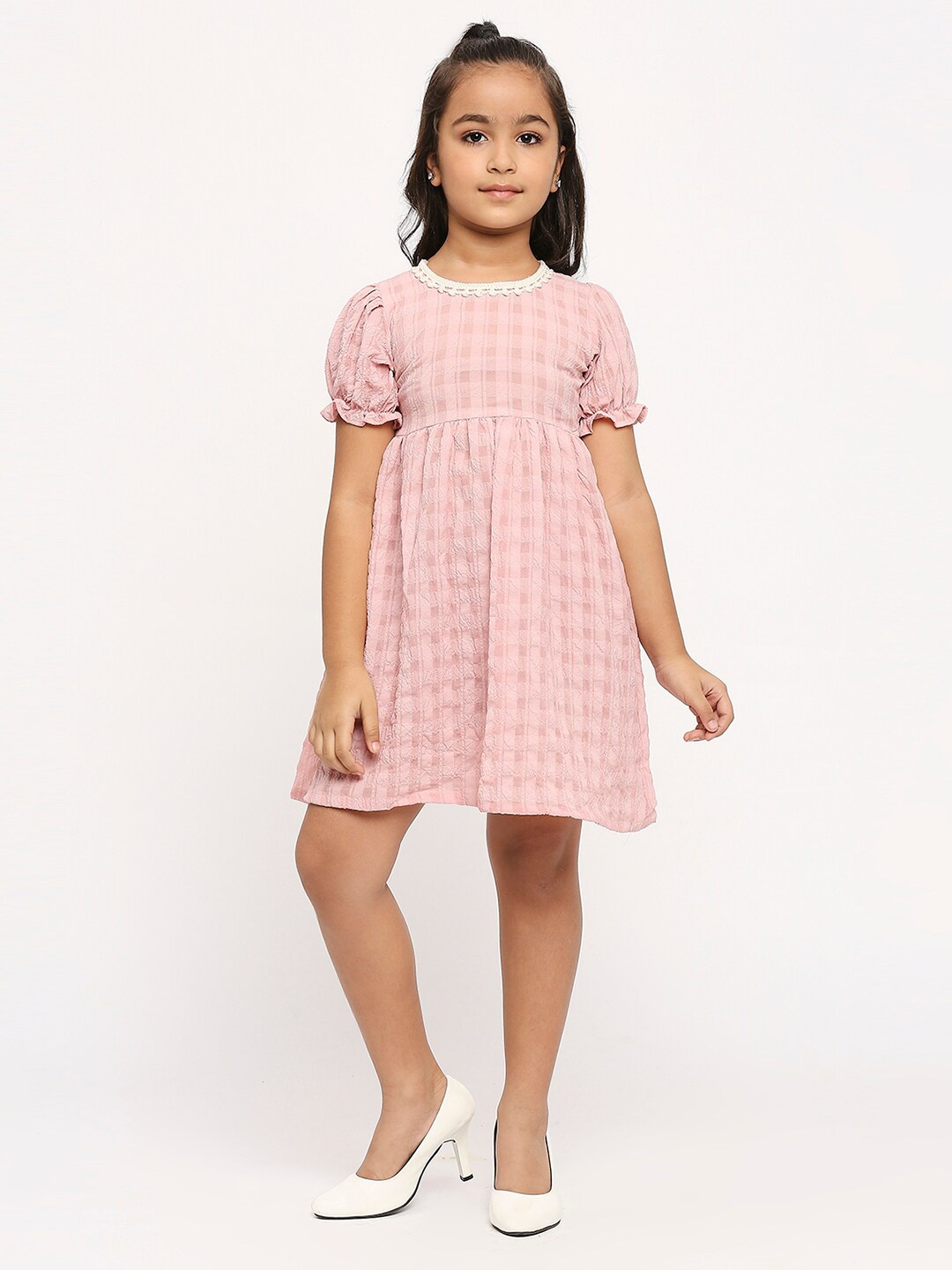 

GUFRINA Girls Checked Puff Sleeve Fit & Flare Dress, Peach