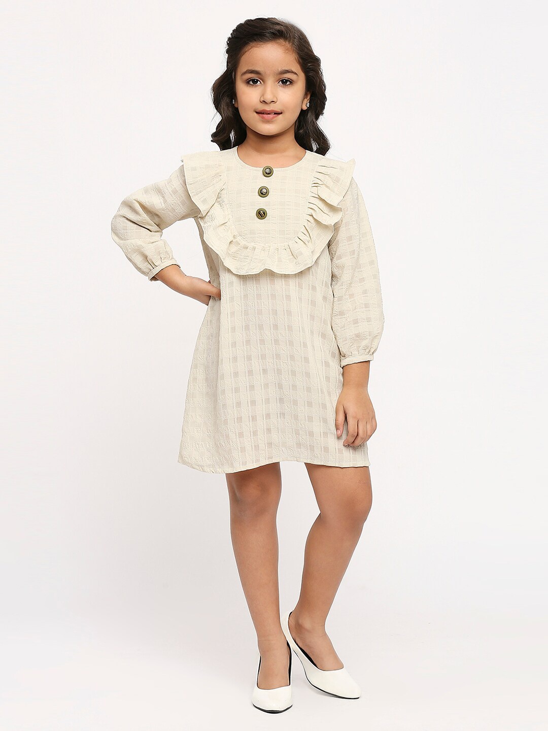 

GUFRINA Girls Checked Puff Sleeves Ruffled Detail A-Line Dress, Cream